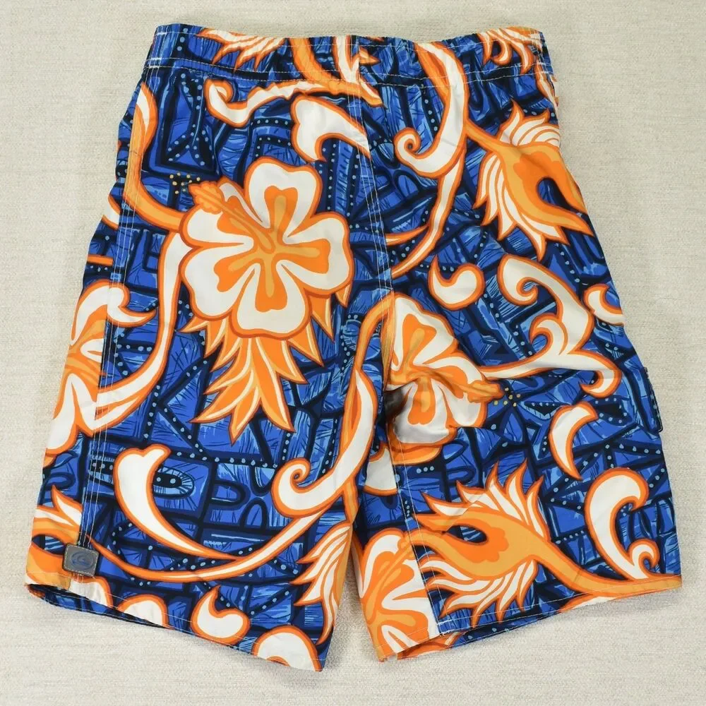 Quiksilver Boys M 6/7 Boardshorts Blue Neon Orange Hawaiian Tribal Surf Shorts